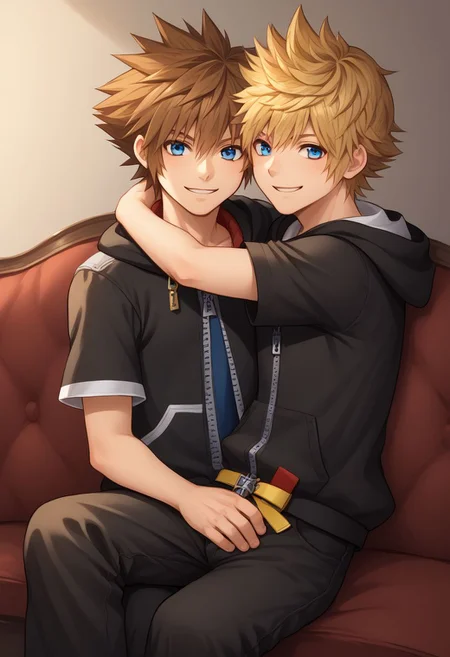 score_9, score_8_up, source_anime, highly detailed, 2boys,
sora, spiked hair, male focus, 1boy, brown hair, blue eyes, zipper, hoodie, BREAK
roxas, 1boy, zipper, male focus, spiked hair, blue eyes, blonde hair, pants, short sleeves, zipper pull tab,
indoor, sofa, medieval, on lap, hug, smile,