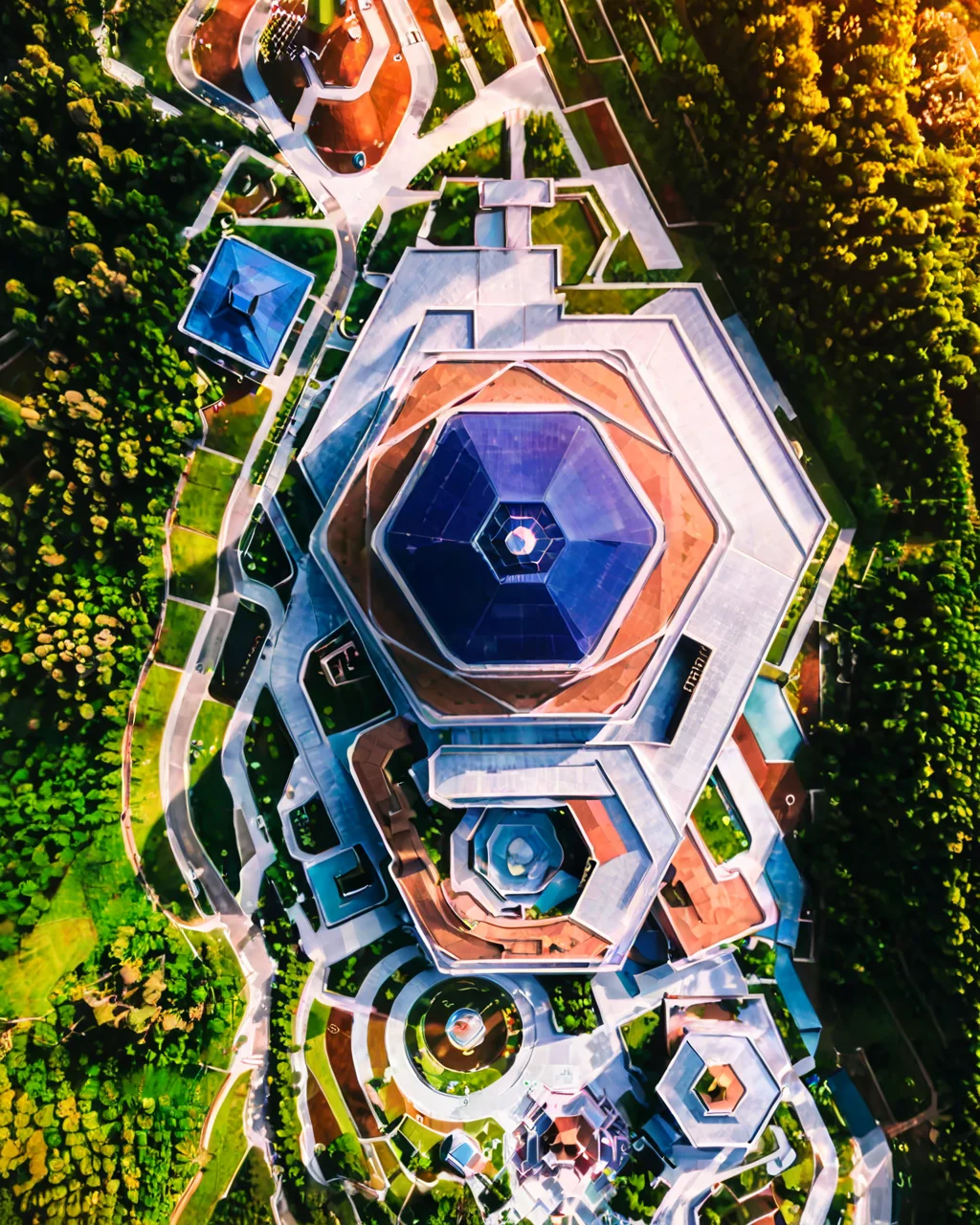 vertical perspective aerial photography, unique_architecture, building, geometric_design, surrounded_by_trees, nature, landscape, <lora:sky:0.8>