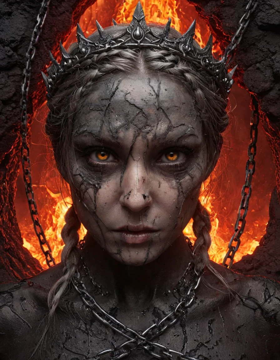 Masterpiece, detailed eyes, intricate details, perfecteyes,highly-detailed, hyper-realistic,grey eye,A hellspawn with crown braid hair, rosy skin, tall frame, in chains, with a wrathful expression, breaking free in a lava pit, captured in a dynamic frame with a molten, red-hot finish., <lora:add-detail-xl:0.4>, <lora:PerfectEyesXL:1>
