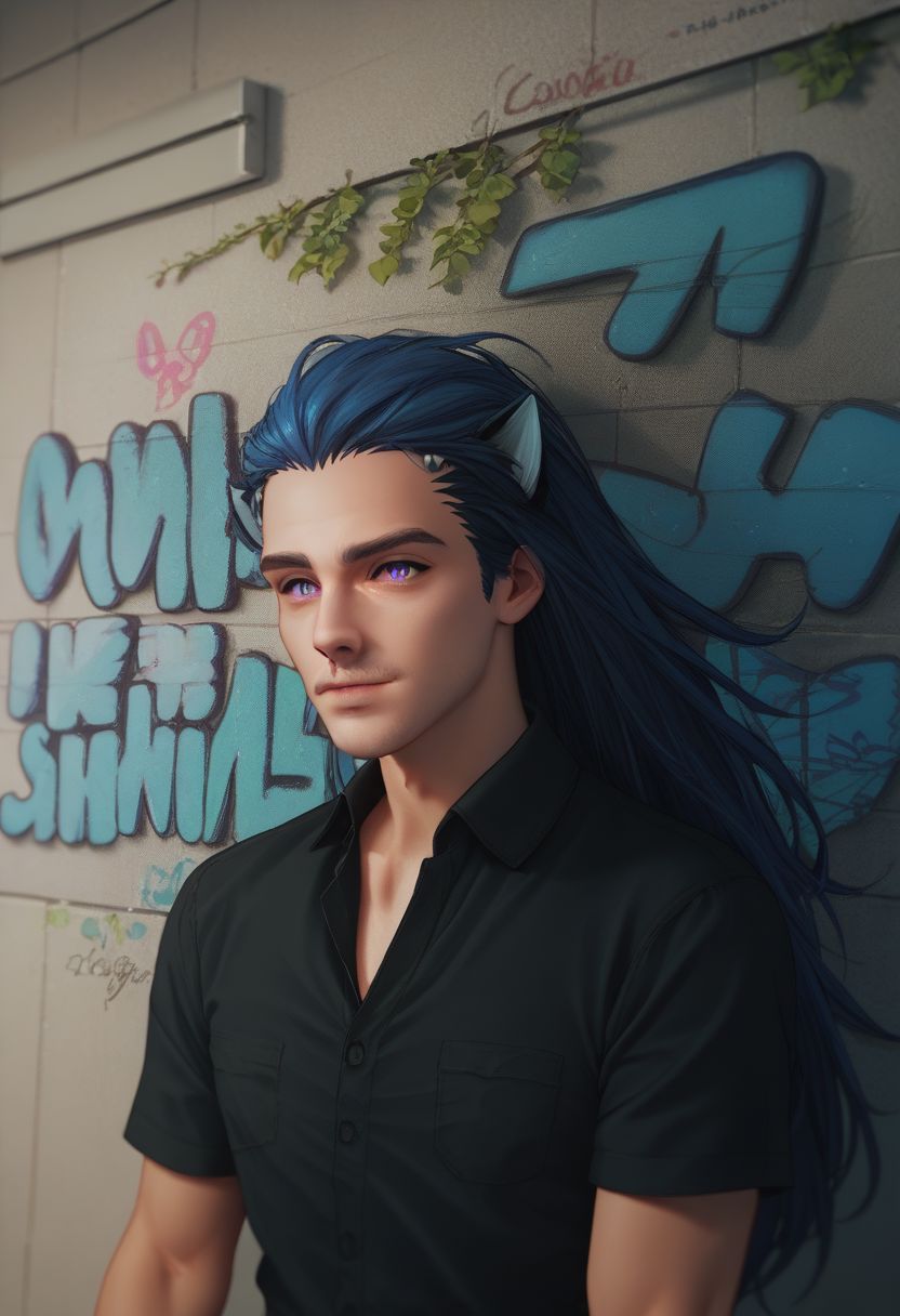 Tobias X'voor, 1boy, male focus, solo, long hair, shirt, blue hair, blue hair, upper body, purple eyes, short sleeves,  black shirt, plant,  graffiti, portrait, PonyXLV6_Scores zPDXL