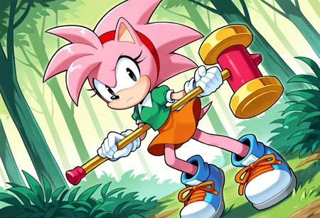 masterpiece, best quality, amazing quality, dynamic angle, dutch angle, abstract background, BREAK, ClassicAmyRose, 1girl, sonic the hedgehog, pink spiky hair, pink fur, peach muzzle, large black eyes, red headband, green, short puffy sleeved shirt, white collar, orange skirt, white gloves, blue shoes, orange shoelaces, short body, Holding Piko Hammer, Forest Background, Fight Stance,