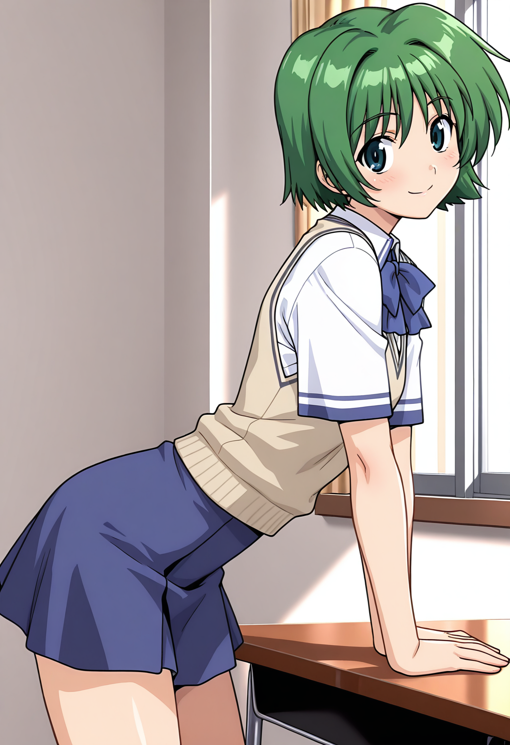 masterpiece, best quality, very aesthetic, absurdres, 1girl, solo,
<lora:ooba_eimi_v01:0.9>, ooba_eimi, eimi_school, green hair, short hair, green eyes,
school uniform, vest, white shirt, blue bow, miniskirt, blue skirt, smile, posing