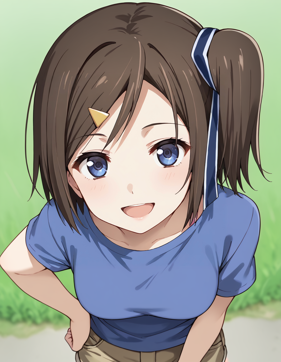 score_9, score_8_up, score_7_up, source_anime, BREAK
1girl, solo, looking at viewer, upper body, from above, blurry background, grass, trees, arm on waist, 
hatsuna wakabayashi, short hair, one side up, side ponytail, hairclip, hair ribbon, dark blue eyes,
casual outfit, blue shirt, short sleeves, brown shorts, sneakers
seductive smile, leaning forward, pov, open mouth,
<lora:hatsuna_wakabayashi_anime-soralz:1>