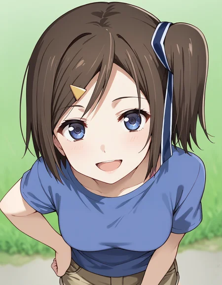 score_9, score_8_up, score_7_up, source_anime, BREAK
1girl, solo, looking at viewer, upper body, from above, blurry background, grass, trees, arm on waist,
hatsuna wakabayashi, short hair, one side up, side ponytail, hairclip, hair ribbon, dark blue eyes,
casual outfit, blue shirt, short sleeves, brown shorts, sneakers
seductive smile, leaning forward, pov, open mouth,
<lora:hatsuna_wakabayashi_anime-soralz:1>
