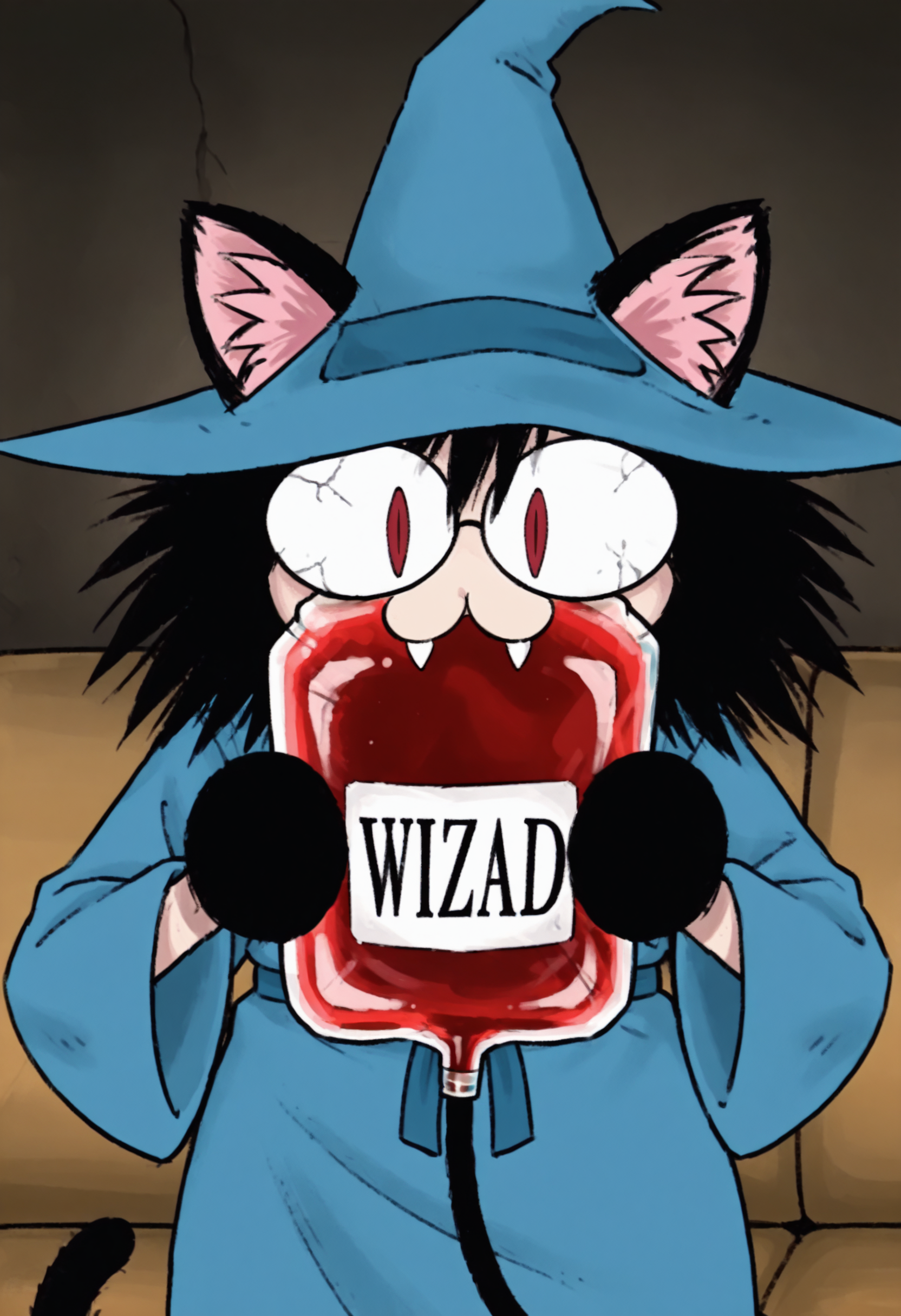 official style, anime coloring, masterpiece,best quality, amazing quality,anime-style Illustration,1man, vampire, kevinHP, wizard hat, glasses, broken lens, black beard, black hair, fangs, blue robe, holding a transfusion blood bag,   <lora:KevinHP_V.01-000035:0.8>, black hands, black claw,   <lora:necoarccon-guy90-Illust-LycorisV1:1> noccen, animal ears, :3, chibi, cat tail, animal ear fluff, slit pupils
