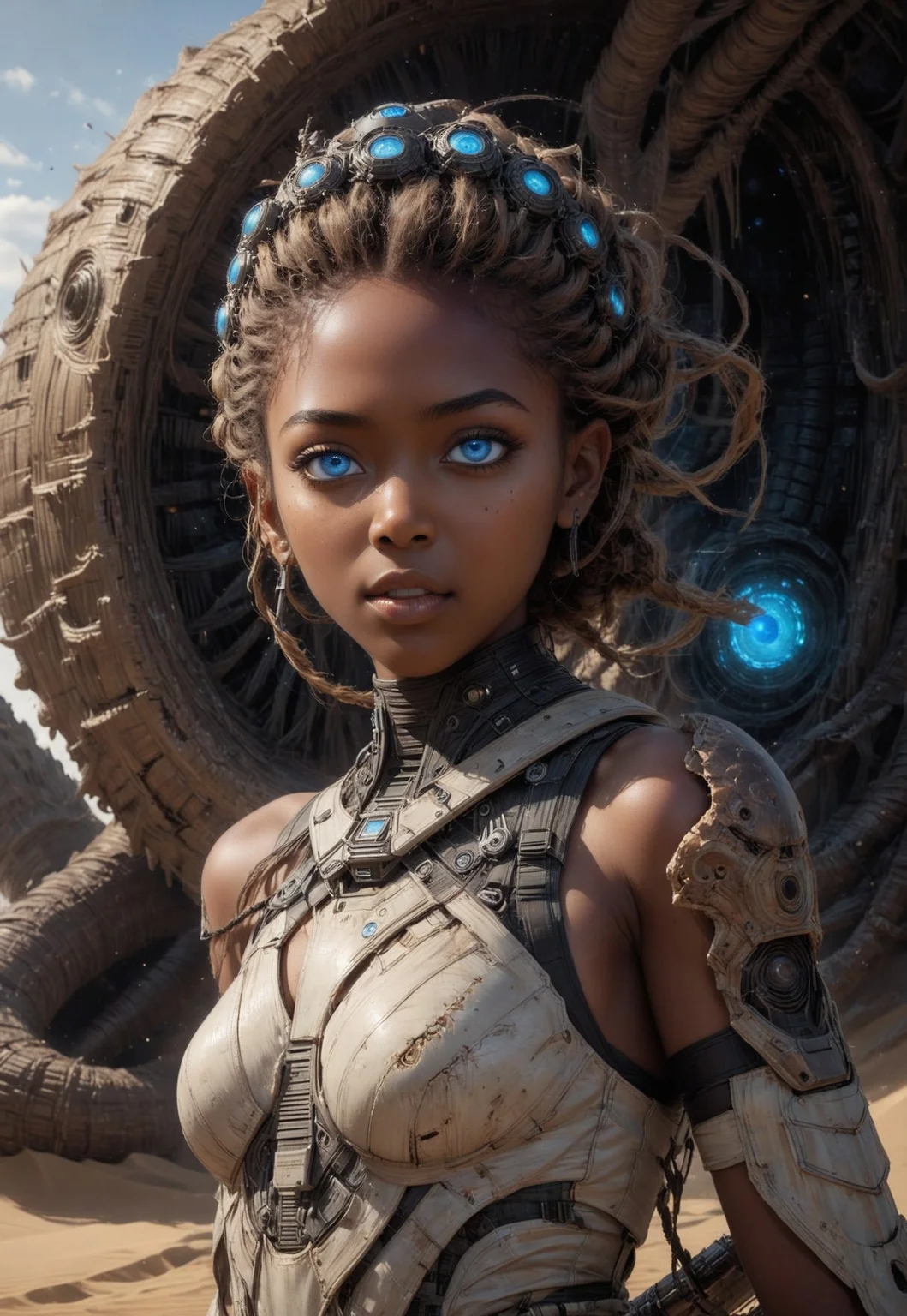 embedding:urn:air:sd1:embedding:civitai:222256@250708, (absurdres, highest quality, very aesthetic, intricate details, masterpiece, award-winning, official artwork, 8k, UHD, HDR:1.3),
(breathtaking November Annabella Nova Terra in front of the gaping maw of a sandworm during a sandstorm, Nova StarCraft, gorgeous, (dark skin:2.5), cute face, exotic eyes, (blue eyes, glowing eyes:1.6), full lips, braided crown hairstyle, skindentation, detailed skin shading, looking at viewer, (hero view, dynamic pose, full-body view:1.2)),
futuristic background, sci-fi background, outside backgroudn, orbital view, planetary view,
cinematic scene, sexy pose, hyperrealism, RAW photo, sharp focus,
optical effects, lighting effects, light leaks,
digital painting,
nostromostyleai,
sexyai,
7-dune, sand worm,