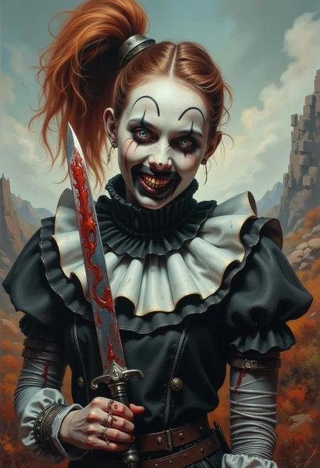 frank frazetta fantasy full body oil painting of A terrifying creepy 21 year old female clown character with white face paint and extremely pale skin, exaggerated black lines for eyebrows and eyes, and a sinister wide smile with dark, decayed teeth. The character has wild, reddish-brown hair in one side ponytail, the other side of the hair is straight and messy, wearing a filthy black and white clown medieval armor with blood stains. The character has an unsettling, intense stare with icy blue eyes, extreme horror aesthetic.  The background shows a terrifying landscape, she is holding a bloody knife by her side, flux_dk