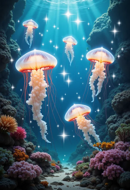 A magical underwater scene with sparkling jellyfish, digital art, tags: underwater, glowing jellyfish, sparkling effect, vibrant colors, fantasy ocean, ethereal light, sea creatures, serene, luminescent, peaceful, detailed textures, coral reefs, soft blues and greens, flowing movement, mystical, aquatic life, digital painting, surreal, dreamlike, underwater fantasy, calming atmosphere