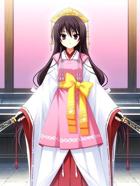 masterpiece,best quality,newest,absurdres,highres,detailed eyes,beautiful,detailed background,solo,perfect eyes,anime coloring,full_shot,anime screencap,
nsfw,explicit,<lora:add-detail-xl:1>,<lora:ponyv4_noob1_2_adamW-000017:0.8>,wear clothes,
1girl,
looking at viewer,standing,
<lora:il-unohana-sakuya-KAMI:1>,il-unohana-sakuya,1girl,ukami outfit,solo,very long hair,wearing a pure white furisode kimono with long flowing sleeves and a floor-length hem,layered with red and pink fabrics,a pink upper long apron integrated into the outfit,shrine maiden ceremonial outfit,golden headdress,yellow bow on waist,elegant white gown with a trailing hem,a ceremonial deep red pleated inner garment trailing beneath the outer white kimono,
holding closed black fan,