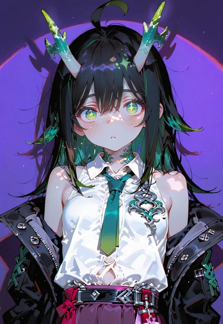looking at viewer,bust shot

Shy,exposing belly button

1 girl,petite,loose unruly messy hair,messy bangs,black hair,green accents hair,fair skin,dragon horns,green eyes, sparkling eyes,freckles,ahoge

Large Black coat with green accent,coat hanging sleeves,white sleeveless buttoned shirt tucked in,green tie, exposed shoulder

Color background, bright purple background,shadow, light from front,glimmer, scales design, sparkling,spotlight,anaglyph effect

Cunnystyle,748cmstyle,Smooth_Quality,masterpiece,best quality,amazing quality, aesthetic,bright colors,bold lines