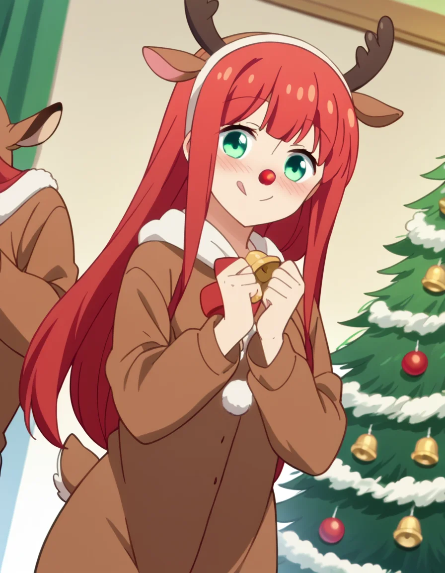 score_9, score_8_up, score_7_up, source_anime, <lora:yuki-minagawa-s1-ponyxl-lora-nochekaiser:1>, yuki minagawa, long hair, bangs, green eyes, red hair, medium breasts, anime screencap, <lora:reindeer-costume-ponyxl-lora-nochekaiser:1>, reindeer costume, animal costume, reindeer antlers, antlers, fake antlers, reindeer hood, christmas, red nose, deer ears, deer tail, christmas tree, bell, horns, reindeer,, blush, smile, tongue out, looking at viewer,, , dutch angle, cowboy shot