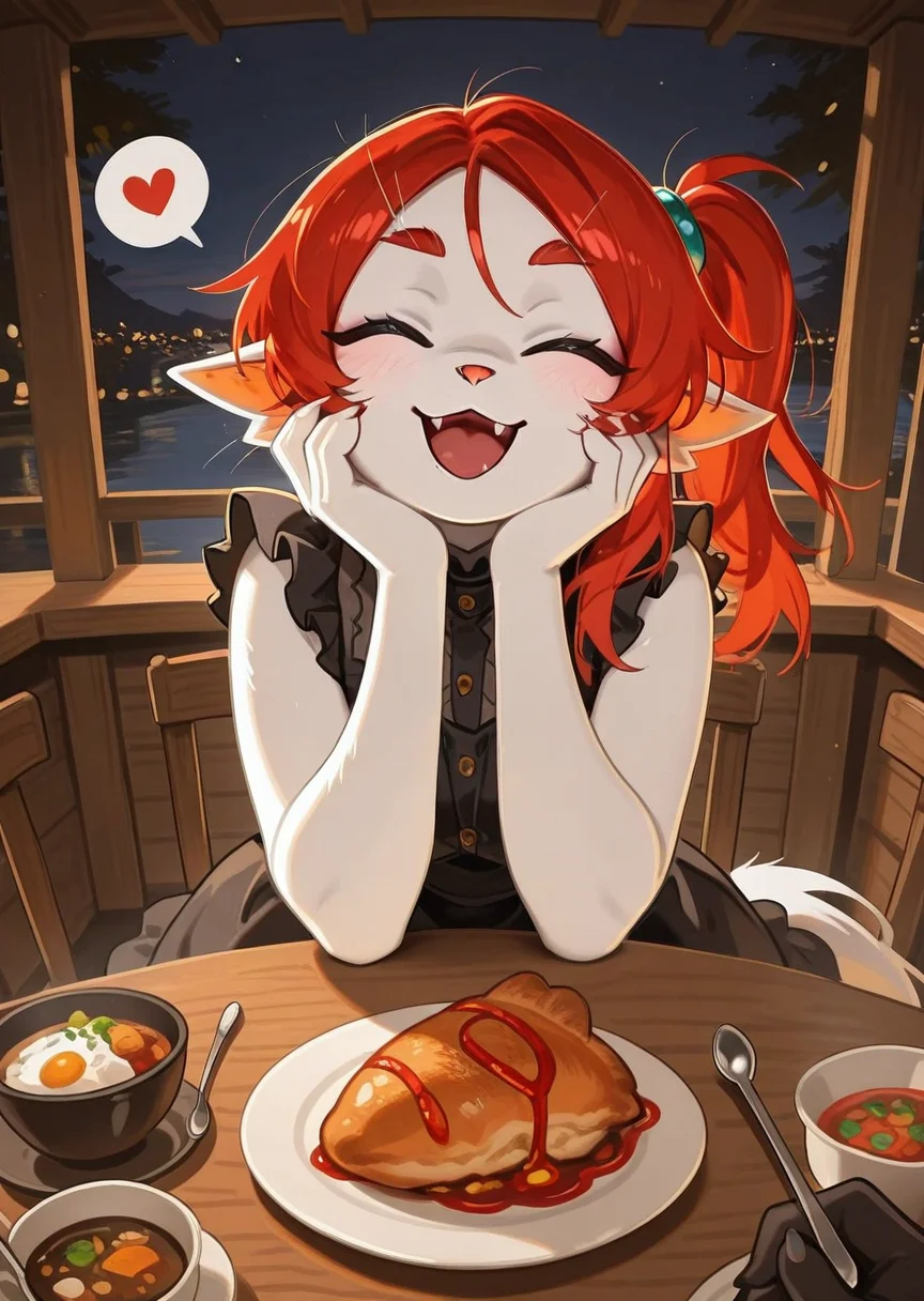 best quality, masterpiece, very aesthetic, absurdres,
Argemia, 1girl, closed eyes, solo, red hair, looking at viewer, pointy ears, furry, anthro, frilly dress, night, date, restaurant, food, sitting, pov, table, spoken heart, happy, hand on own face, spoon,open mouth,