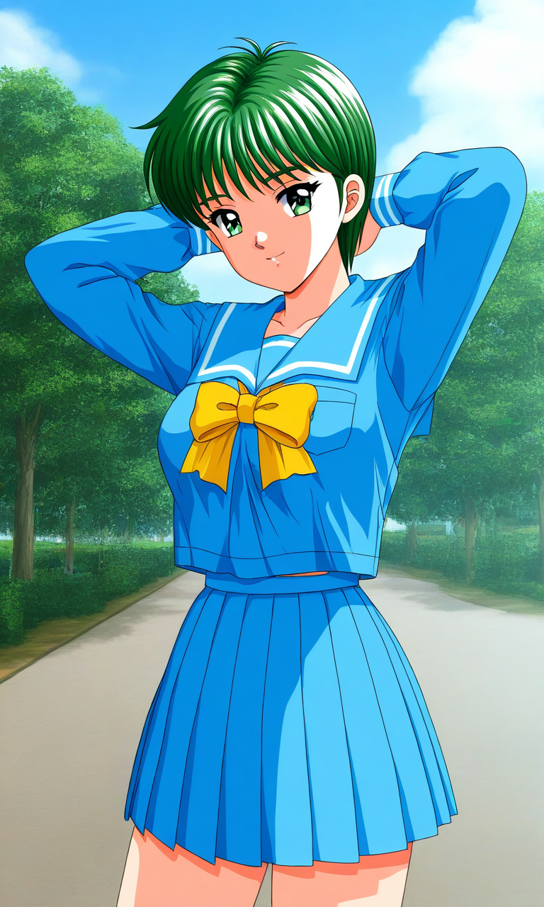general,highres, ultra-detailed,very aesthetic,best quality ,best hands, BREAK <lora:Kiyokawa_Nozomi_Tokimeki_Memorial_IS:1>
Kiyokawa_Nozomi(Tokimeki_Memorial), 1girl, solo, green hair, short hair, green eyes, bangs, medium breasts,
blue school uniform, blue skirt,  serafuku, pleated skirt, smile, long sleeves, arms behind head, 
looking at viewer, yellow bow, arms up,  blue sailor collar, blue sleeve,
standing, outdoor, day, sky, tree, light smile,