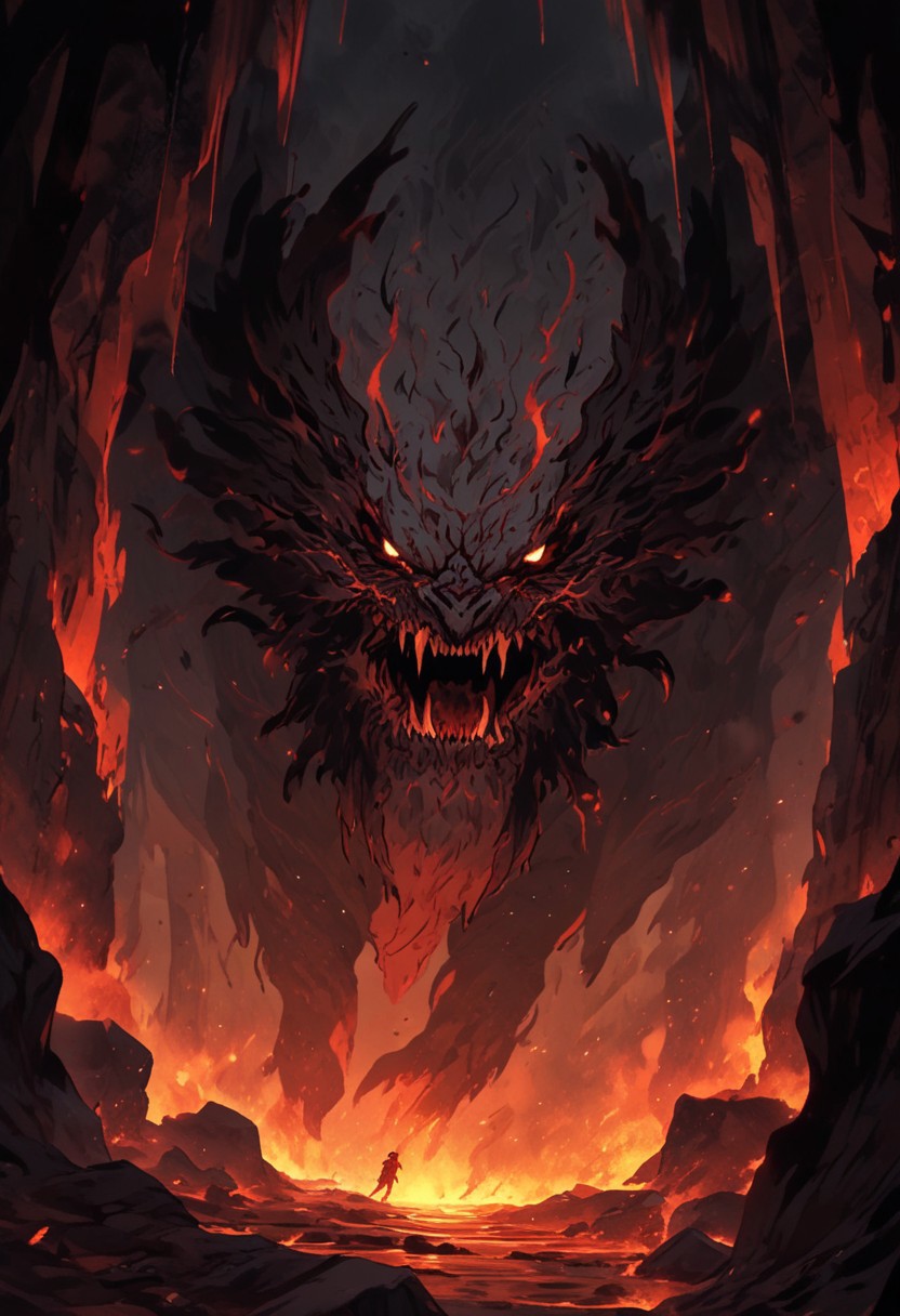 "Inside a vast, dark volcanic cave, the walls glow with the fiery red-orange light of molten lava flowing through cracks in the stone. In the center of the cave stands Shadow Fiend, Nevermore, a towering, menacing figure cloaked in darkness and shadowy flames. His glowing red eyes pierce through the gloom as he stands tall, his sharp claws outstretched, radiating an aura of dread and power. The ground beneath him is scorched, with small embers rising around his feet. He looks down the cave tunnel with a mix of impatience and malevolence, waiting for a worthy challenger to step into his domain. The scene is filled with an intense, oppressive atmosphere, with smoke and heat swirling in the air, making the cave feel like the very heart of a volcano."