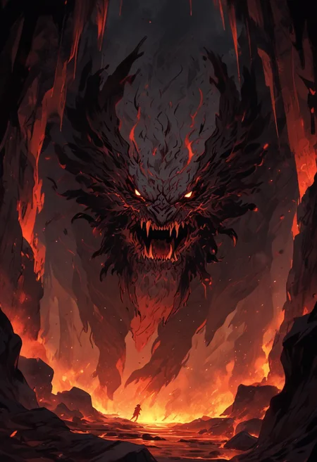 "Inside a vast, dark volcanic cave, the walls glow with the fiery red-orange light of molten lava flowing through cracks in the stone. In the center of the cave stands Shadow Fiend, Nevermore, a towering, menacing figure cloaked in darkness and shadowy flames. His glowing red eyes pierce through the gloom as he stands tall, his sharp claws outstretched, radiating an aura of dread and power. The ground beneath him is scorched, with small embers rising around his feet. He looks down the cave tunnel with a mix of impatience and malevolence, waiting for a worthy challenger to step into his domain. The scene is filled with an intense, oppressive atmosphere, with smoke and heat swirling in the air, making the cave feel like the very heart of a volcano."