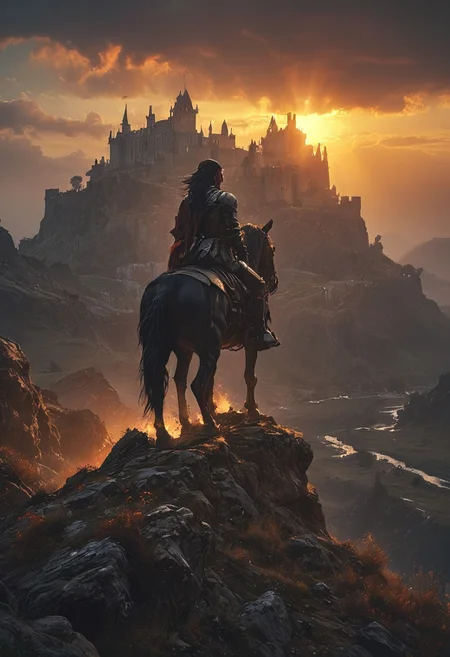 dramatic and intense scene, a valiant knight in full armor on a powerful black horse standing on the crest of a hill, In the background a medieval castle looms against the barren, rocky landscape, the sun sets in the background, <lora:MJ52:0.6>, <lora:EpicF4nta5yXL:0.8>, <lora:add-detail-xl:1>, <lora:zavy-cntrst-sdxl:1>