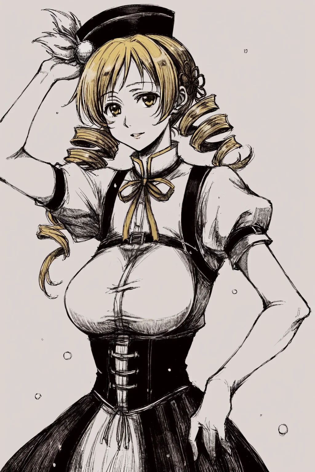 score_9, score_8_up, score_7_up, mahou shoujo madoka magica, tomoe mami, tomoe mami \(magical girl\), black hat, blonde hair, breasts, drill hair, hat, large breasts, medium hair, neck ribbon, parted bangs, puffy short sleeves, puffy sleeves, ribbon, shirt, short sleeves, twin drills, white shirt, yellow eyes, yellow trim, solo, solo focus, cowboy shot, white background, monochrome, greyscale, dark , Standing with one foot raised, balancing BREAK p65fn <lora:ruffct:1.2>