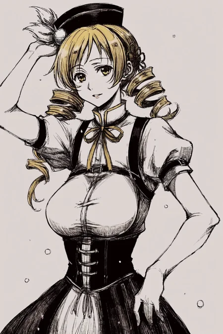 score_9, score_8_up, score_7_up, mahou shoujo madoka magica, tomoe mami, tomoe mami \(magical girl\), black hat, blonde hair, breasts, drill hair, hat, large breasts, medium hair, neck ribbon, parted bangs, puffy short sleeves, puffy sleeves, ribbon, shirt, short sleeves, twin drills, white shirt, yellow eyes, yellow trim, solo, solo focus, cowboy shot, white background, monochrome, greyscale, dark , Standing with one foot raised, balancing BREAK p65fn <lora:ruffct:1.2>
