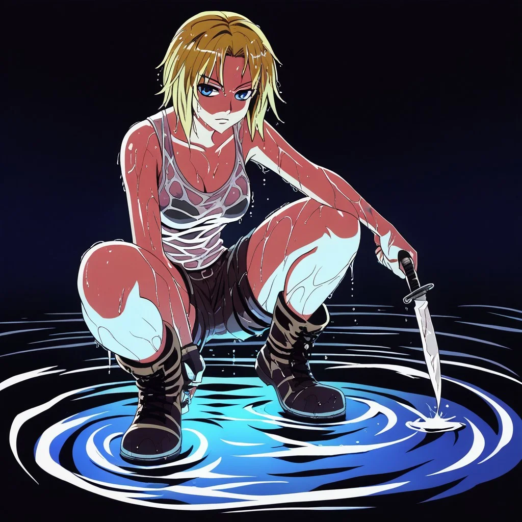dark, low_light, darkness, 1girl, tank_top, shorts, holding knife, crouching, boots, in_water, pond, jungle, light_from_below, blonde, blue_theme, blue_hue, shadows, very dark, dark background, in water, shallow, glowing_water, clear_water, wet, shiny_skin,