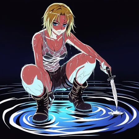 dark, low_light, darkness, 1girl, tank_top, shorts, holding knife, crouching, boots, in_water, pond, jungle, light_from_below, blonde, blue_theme, blue_hue, shadows, very dark, dark background, in water, shallow, glowing_water, clear_water, wet, shiny_skin,