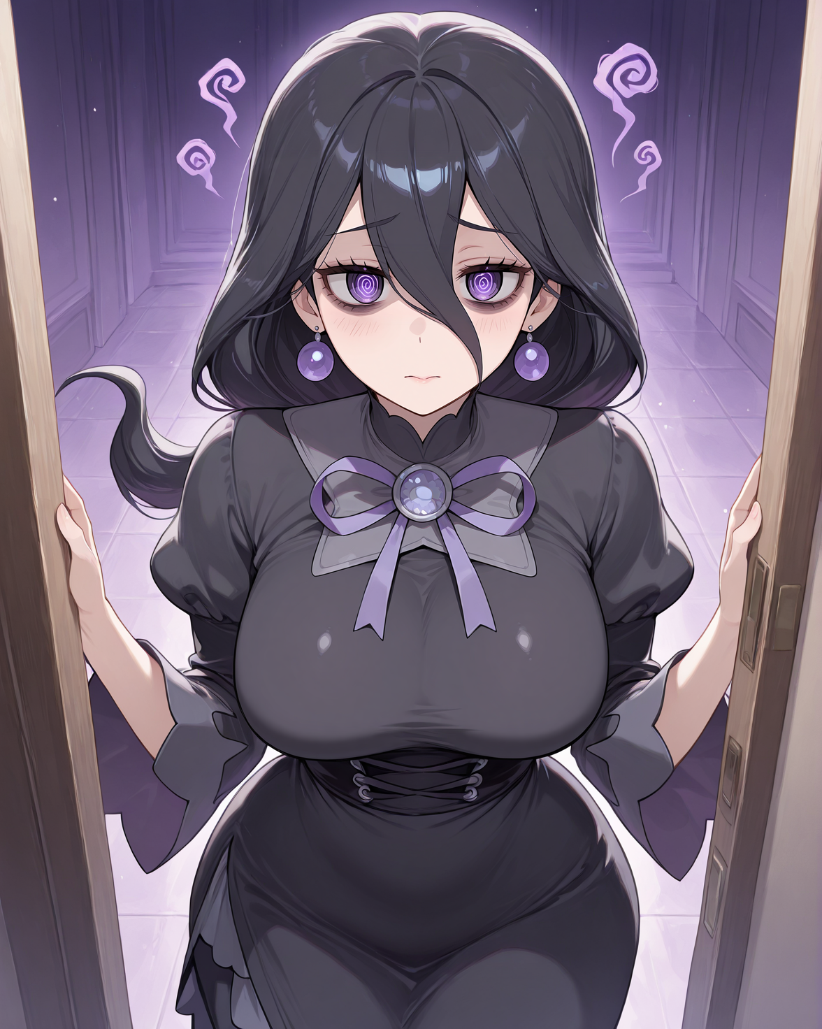 <lora:Hex Maniac ZA - IL V1:0.9> h3xmaniacza, 1girl, long hair, hair between eyes, bangs, black hair, black dress, frills, ribbon, purple eyes, mature female, earrings, bags under eyes, light blush, @_@, looking at viewer, (masterpiece:1.4), (best quality:1.4), extremely detailed, highres, official art
