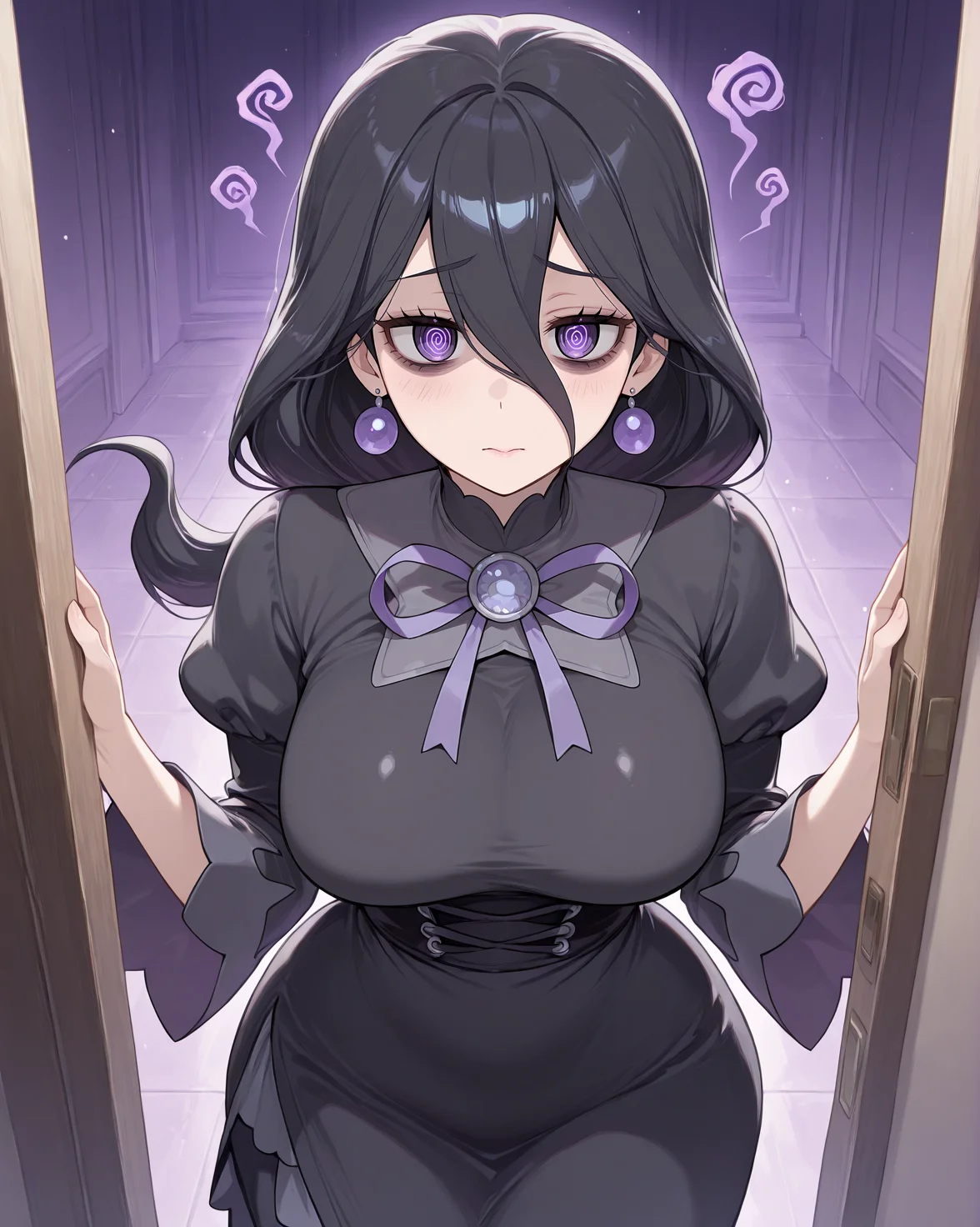 <lora:Hex Maniac ZA - IL V1:0.9> h3xmaniacza, 1girl, long hair, hair between eyes, bangs, black hair, black dress, frills, ribbon, purple eyes, mature female, earrings, bags under eyes, light blush, @_@, looking at viewer, (masterpiece:1.4), (best quality:1.4), extremely detailed, highres, official art