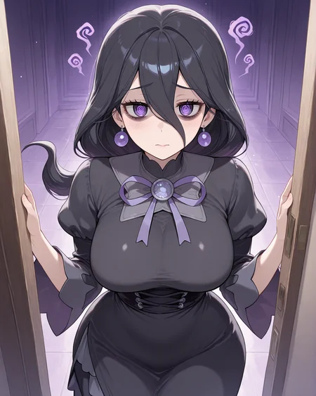 <lora:Hex Maniac ZA - IL V1:0.9> h3xmaniacza, 1girl, long hair, hair between eyes, bangs, black hair, black dress, frills, ribbon, purple eyes, mature female, earrings, bags under eyes, light blush, @_@, looking at viewer, (masterpiece:1.4), (best quality:1.4), extremely detailed, highres, official art