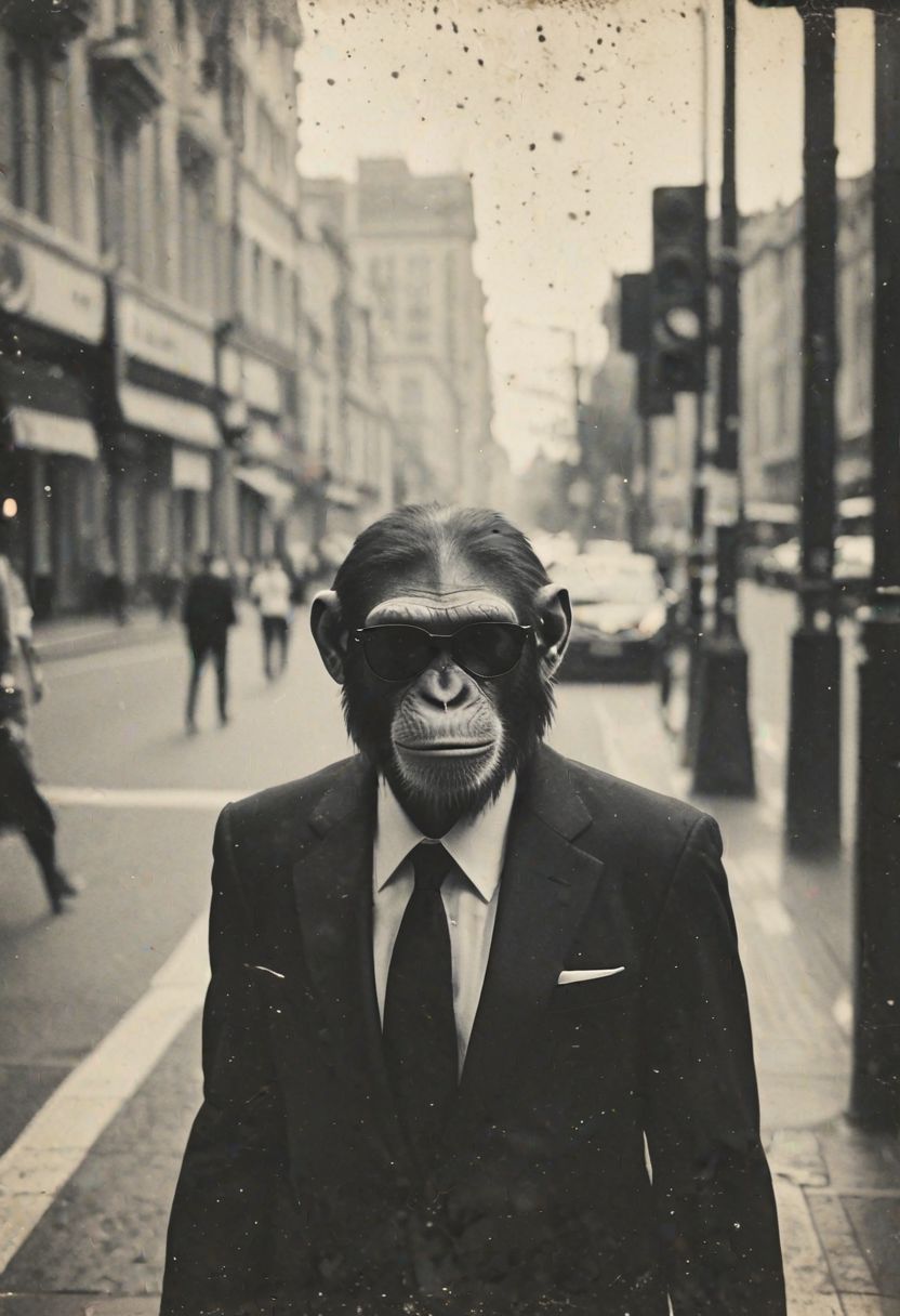 a street photography snapshot of a chimp wearing a black suit with a white shirt and black necktie and wearing black Rayban style sunglasses standing at a pedestrian crossing, shallow depth of field, highly detailed, bokeh, film grain, ward winning photo