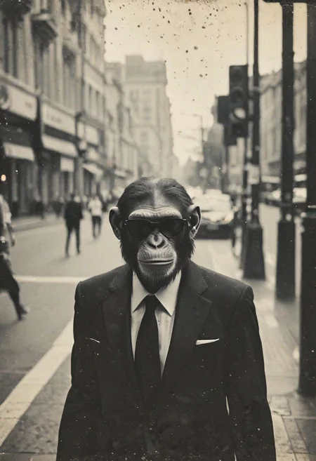 a street photography snapshot of a chimp wearing a black suit with a white shirt and black necktie and wearing black Rayban style sunglasses standing at a pedestrian crossing, shallow depth of field, highly detailed, bokeh, film grain, ward winning photo