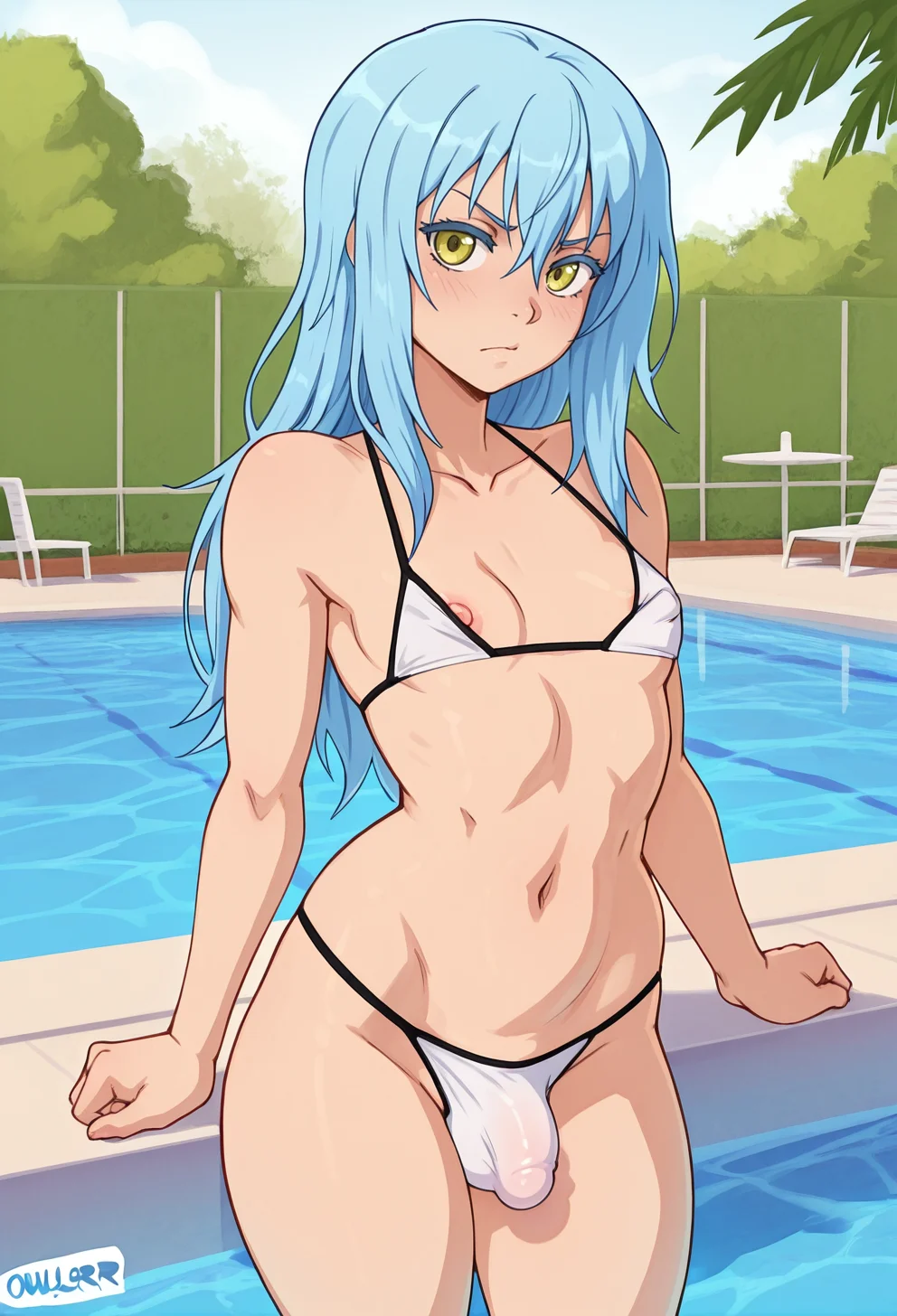 masterpiece, best quality, cowboy shot, 
 <lora:Owler:1> 0u3l3r,  1girl, solo, looking at viewer, rimuru tempest, blue hair, bikini, penis bulge, nipple slip, outdoors, pool,