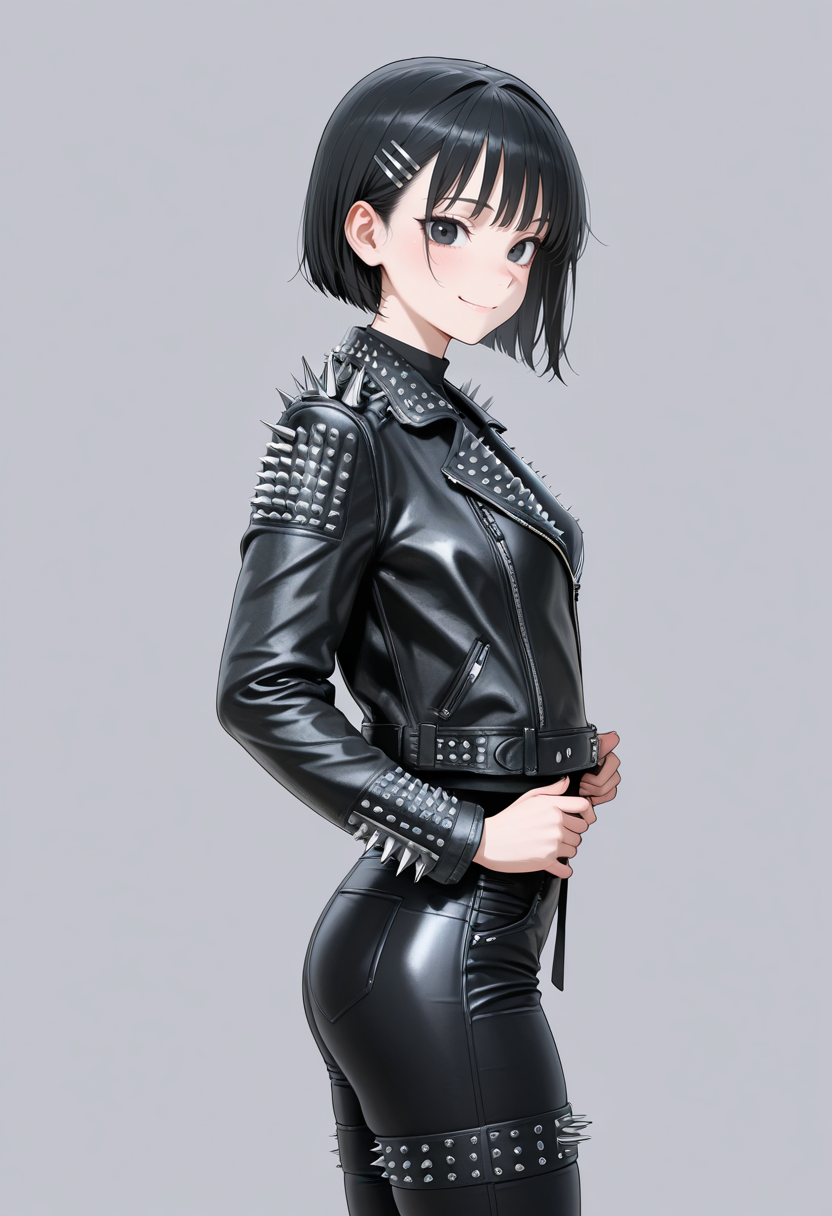 masterpiece,best quality,amazing quality, very aesthetic, ((outlined outlined vector graphics)), cute face, (glow eyes:0.5) ,  looking at viewer, cowboy shot, simple background,
1girl,20yo, black hair, black eyes, short bob hair, hair pin,small breast, slender,(white thigh strap:1.1),cute face,
,solo,  side view ,  looking at viewer ,
smile, happy, black jacket, ,, leather jacket, spiked leather jacket, large spikes, black pants  , heavy metal, black shirt ,   standing ,  ,  , <lora:spiked-leather-jacket-il-01:1>