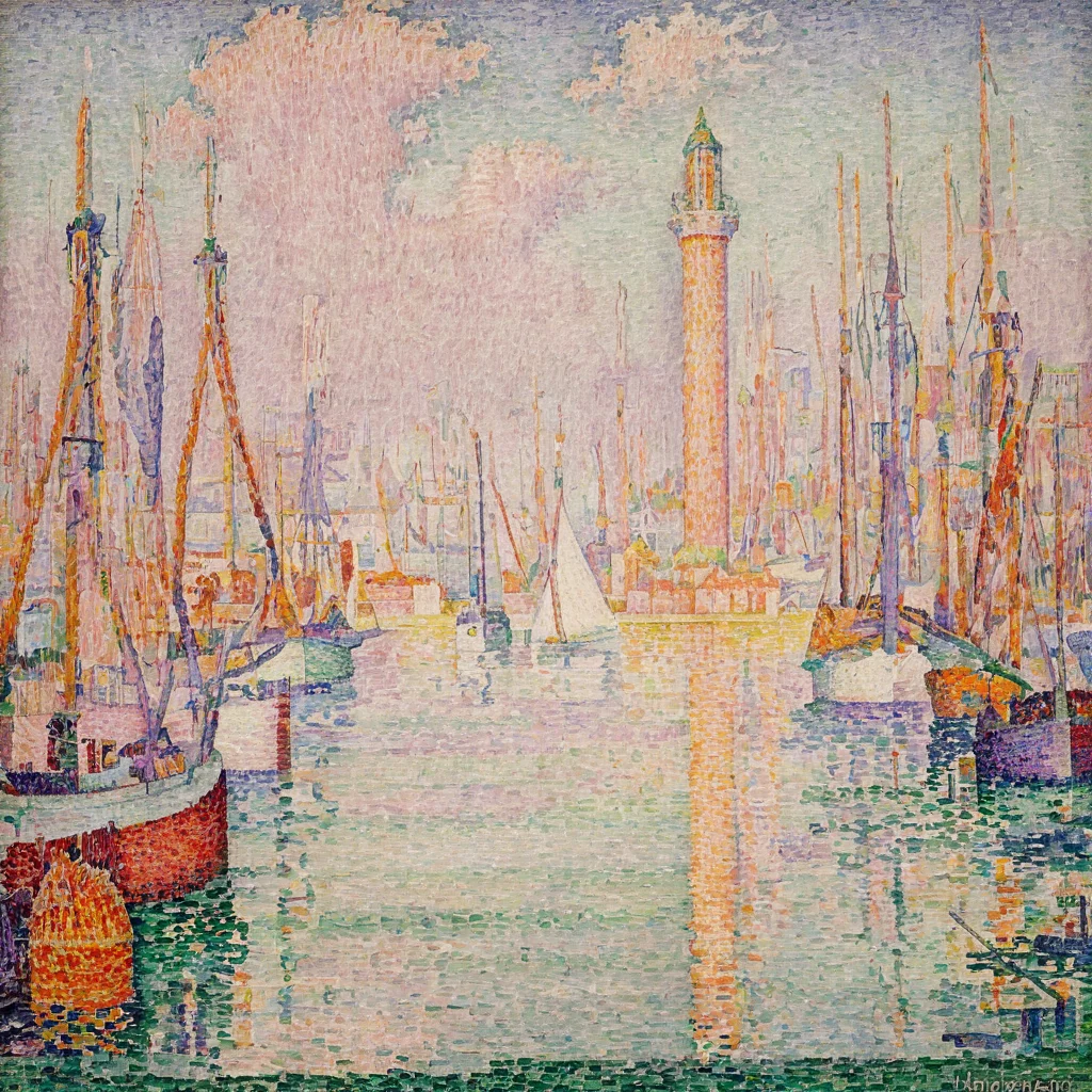 Painting of harbor AH_Signac<lora:Paul_Signac_Neo-Impressionist_dotted_paintings_Pointillism:1>
