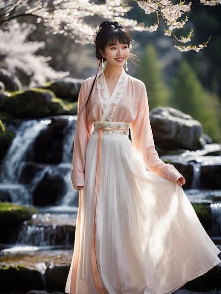 cinematic film still a beautiful girl with bangs,solo,countless waterfalls flowing down from the mountains, trees and peach blossom,szhf dress,beautiful face,long eyelash,highly detailed,smile ,shan,white pleated skirt,beautiful belts <lora:szhf:0.6> . shallow depth of field, vignette, highly detailed, high budget Hollywood movie, bokeh, cinemascope, moody, epic, gorgeous, film grain, grainy