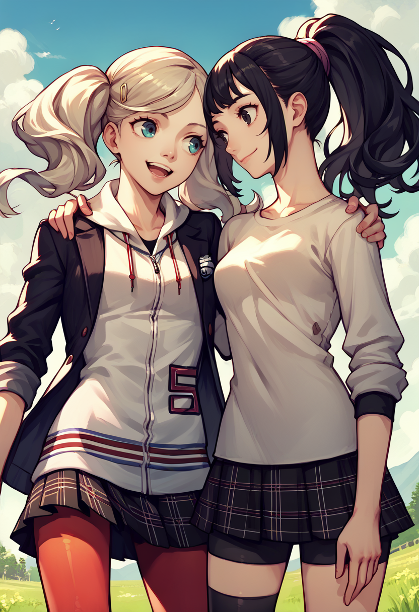 score_9, score_8_up, score_7_up, source_anime, 2girls, outdoors, sky, cloud, hand on another's shoulder, BREAK
1girl, <lora:AnnP5-pdxl:1>defAnn, twintails, hairclip, school uniform, black jacket, white hoodie, plaid skirt, red pantyhose, smile, open mouth BREAK
1girl, <lora:zs_ShihoXL:1> shihop5, black hair, ponytail, shirt, plaid skirt, bike shorts, asymmetrical legwear, smile, closed mouth