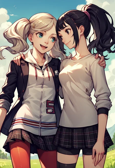 score_9, score_8_up, score_7_up, source_anime, 2girls, outdoors, sky, cloud, hand on another's shoulder, BREAK
1girl, <lora:AnnP5-pdxl:1>defAnn, twintails, hairclip, school uniform, black jacket, white hoodie, plaid skirt, red pantyhose, smile, open mouth BREAK
1girl, <lora:zs_ShihoXL:1> shihop5, black hair, ponytail, shirt, plaid skirt, bike shorts, asymmetrical legwear, smile, closed mouth