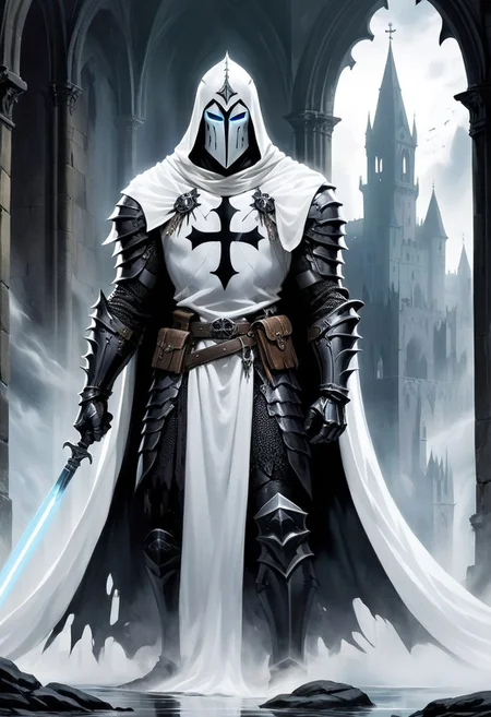 score_10, score_9, score_9_up, score_8_up, score_7_up, masterpiece, best quality, ghost, black armor, black knight, hood, ((hood over helmet)), black hood, duo focus, multiple_boys, 2boys,, two figures, Fantasy, knight, gothic, full plate armor, armor, black, cloak, hood, sith, sword, heavy armor, white light saber, white tabard, shield, reflection, spirit, translucent, black mist, paladin, fighter, rogue, vivid color, castle,