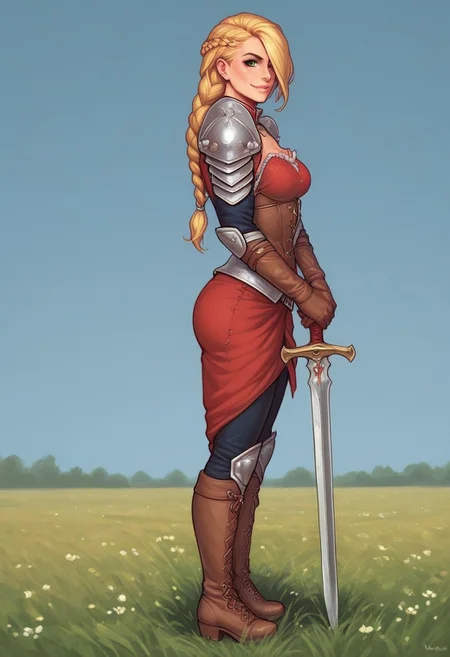 1girl, illustration, looking at viewer, highly detailed, from front,1girl, looking at viewer, highly detailed, skinny, looking at viewer, 1girl, masterpiece, best quality, ((((side view)))), Her , full body portrait, 1girl, <lora:agrias-nvwls-v3:1> agrias, armor, corset, dark red dress, brown gloves, weapon, cross-laced boots, looking at viewer, sidelocks, braided ponytail, light green eyes, Romance, sci-fi, artificial intelligence, highly detailed
BREAK
slight smile, looking at viewer,
BREAK
long hair, blonde hair, hair over one eye, big hair,
BREAK
best quality, depth of field, bokeh, (((full clothed))) (best quality, high detail), ((masterpiece)), ((ready to fight, holdind big sword in hands)), <lora:1_ino_20e:1>
BREAK
((((((field, mill)))))) score_9, score_8_up, score_7_up, score_6_up, source_cartoon, rating_explicit, Expressiveh, (((((full body))))), dynamic pose