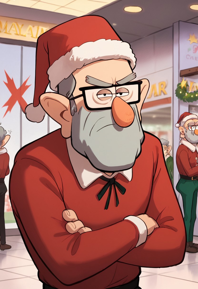 score_8_up, score_7_up, 1boy, solo, Stanley Pines, mature male, glasses, black eyes, grey hair, bushy grey eyebrows, big nose, square jaw, old man, facial hair, upper body, frown, half-closed eyes, mouth closed, grumpy, arms folded, looking at viewer, christmas elf outfit, long sleeves, red santa hat, green tights, fake elf ears, working in mall, crowded mall, christmas season,