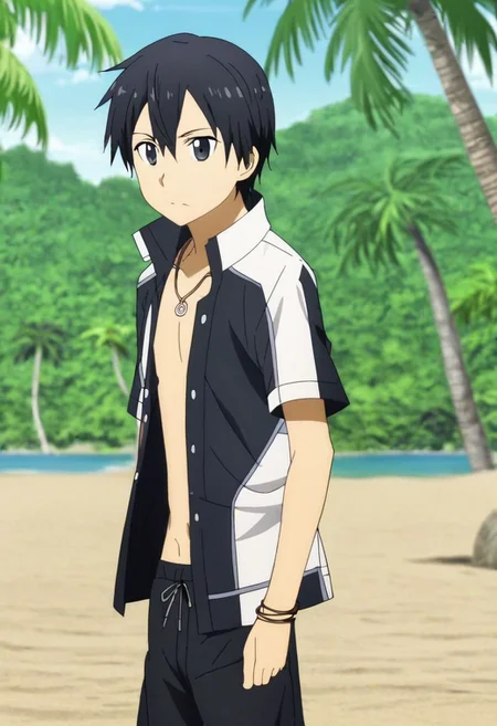 high resolution, solo, best quality, 1Boy, Kazuto Kirigaya, Black Hair, Black Eyes, shallow depth of field, beach, open shirt, shorts, sixpack, necklace, bracelet, coconut tree, OverallDetail