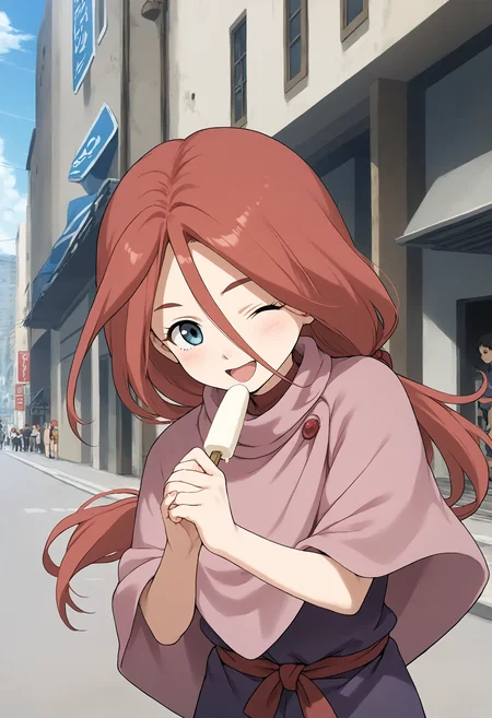 <lora:Hyper-SDXL-8steps-lora:1> <lora:Fixhands_anime_bdsqlsz_V1:1> zPDXL2, score_9, score_8_up, score_7_up, source_anime, intricate details, perfect anatomy BREAK
outdoors, city, tokyo, japan, audience, crowd, close up, open mouth, tongue out, licking popsicle, Naughty, A mischievous grin, a wink, and a playful attitude., 1girl, solo, solo focus, 
<lora:GAGE-lu_anon_XL(pony)v10:1> GAGE-lu, red hair, medium hair, low ponytail, grey eyes, GAGE-lu outfit, pink capelet, brown shirt, purple pants, brown shoes,