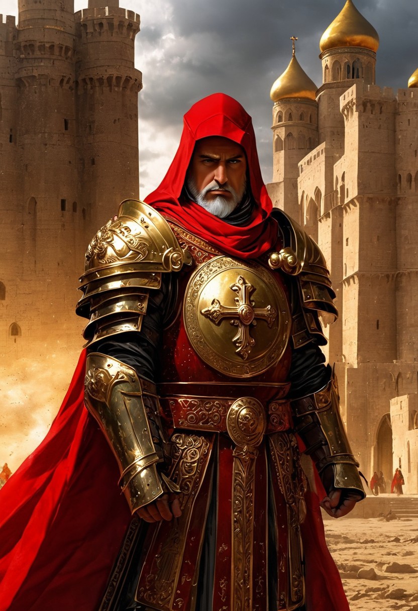 A formidable Byzantine warrior standing proud on a battlefield, wearing intricate armor of bronze and gold. His helmet is adorned with a crest and a visor, typical of Byzantine soldiers, and his armor is embossed with religious symbols and detailed patterns. He holds a kite-shaped shield in his left hand, decorated with a golden cross, and a spear in his right. A crimson and gold tunic peeks from beneath his armor, and a red cloak drapes from his shoulders, fluttering in the wind. His face is stern, with a well-groomed beard and piercing eyes. The background features the grandeur of a Byzantine fortress, with towering walls and golden domes visible under a stormy sky. The color palette includes rich reds, golds, and dark metallics, evoking a sense of Byzantine power, honor, and military might.e of ancient Persian power, nobility, and battle readiness.
, moody light, by H.R Giger, 4k resolution digital art trending on Artstation and unreal engine 5, hyperrealism, full body shot, glowing eyes, cinematic, epic, masterpiece, surreal, fantasycore, hyperdetailed, ultra realistic, octane render, volumetric lighting, depth of field, bokeh, 8 <lora:Details:0.85>
