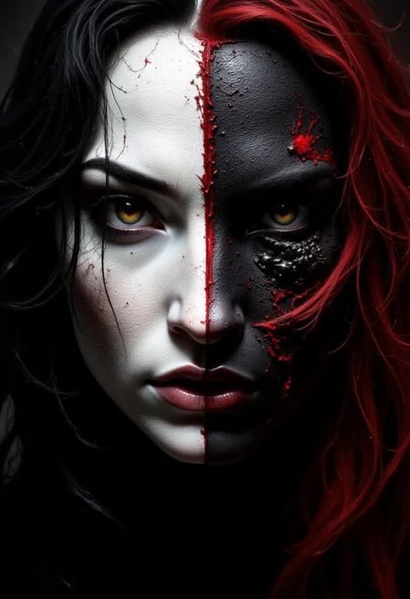 (style of Zdzisław Beksiński) dark gothic oil painting,portrait, left side vampire aristocratic pale skin, right side monstrous wolf-like features, crimson blood stream dividing the face, dramatic shadows, rich textures, dark crimson and deep black color palette, haunting atmosphere, intense gaze, detailed facial features, cracked skin texture, eerie lighting