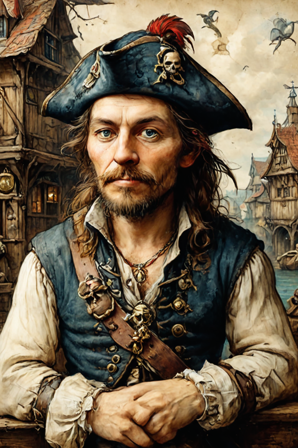 Detailed digital portrait of a Victorian pirate with nautical mystique  at a Timber-framed houses in medieval town,  <lora:ParchartXL-1.5:0.7> on parchment,  <lora:xl_more_art-full_v1:0.5>,  <lora:The_Crazy_Style:0.7>