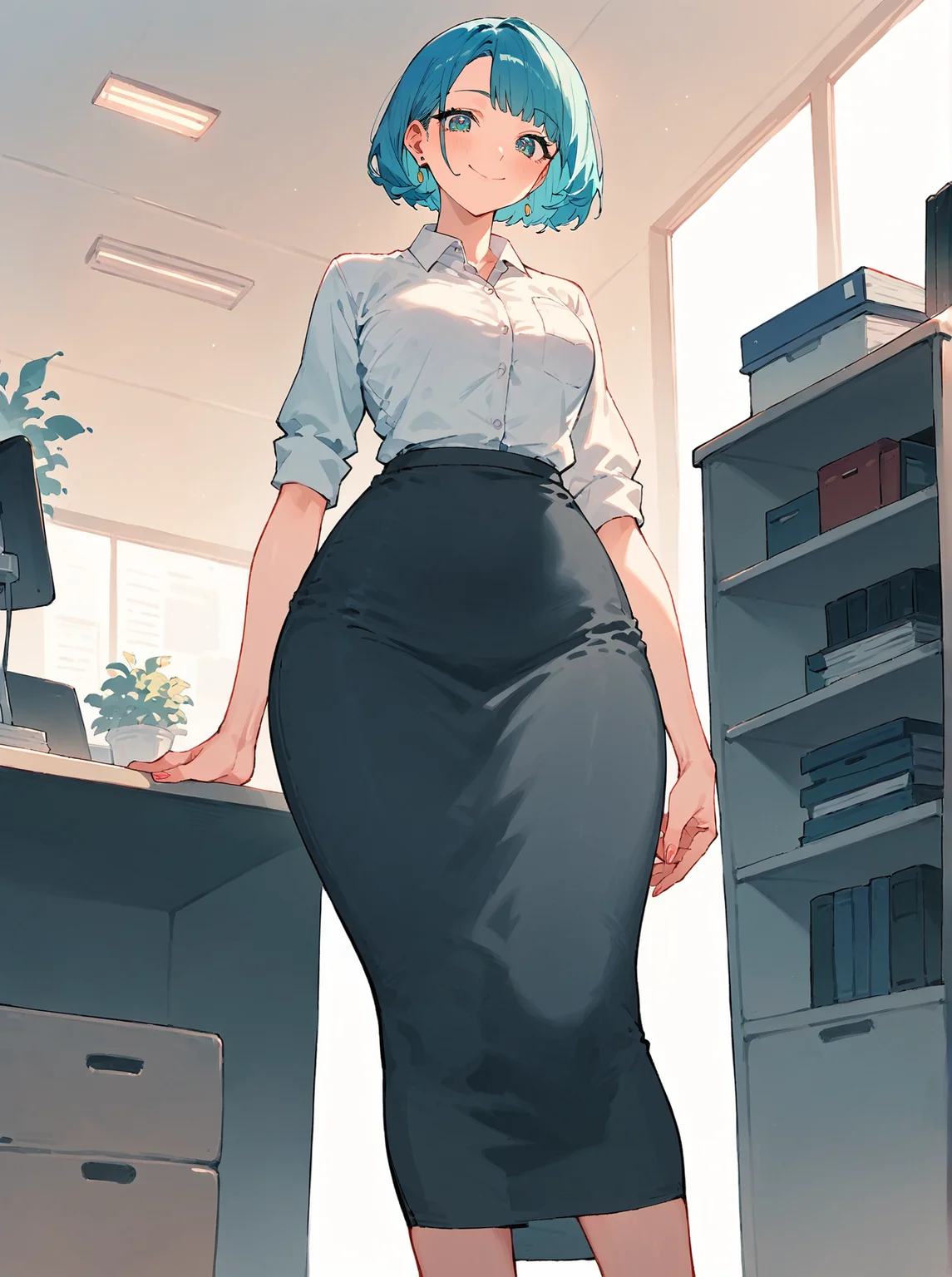 score_8_up, score_7_up, score_6_up, source_anime, 1girl, solo, office, from below, shoe focus
smile, wide hips
longpencilskirt <lora:Long_Pencil_Skirt:1> long skirt
white collared shirt, high heels