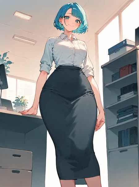 score_8_up, score_7_up, score_6_up, source_anime, 1girl, solo, office, from below, shoe focus
smile, wide hips
longpencilskirt <lora:Long_Pencil_Skirt:1> long skirt
white collared shirt, high heels