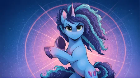 resolution, masterpiece, high resolution, (SOLO: 1.2), wild, detailed background,
<lora:Misty111:1> Misty Brightdawn blue hair with cyan streaks, blue body unicorn, eyes green <lora:Wholesome-MLP-v1.4b:0.7> <lora:Smooth Style 2 SDXL_LoRA_Pony Diffusion V6 XL:1>t,,solo plain background, , solo,, FIGHTING STANCE, , LOOK AT THE VIEWER, ABSTRACT BACKGROUND,