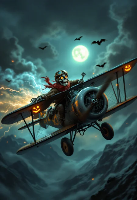 A skeleton pilot wearing an old-timey aviator jacket, goggles, and scarf flying a haunted biplane through a stormy, Halloween-themed sky. The plane itself has spooky modifications—glowing jack-o-lanterns painted on the wings, and ghostly smoke trailing behind. The skeleton pilot is grinning as it soars through lightning and dark clouds, narrowly dodging creepy, bat-like creatures flying alongside the storm. The backdrop is a glowing full moon and dark mountains, giving the scene a sense of adventure and peril