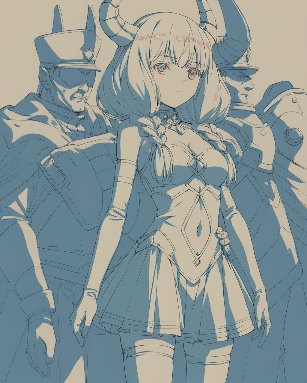 score_9, score_8_up, score_7_up, score_6_up, score_5_up, score_4_up, source_anime, screenshots, <lora:AnimeOriginalArtStyleShadow_PONYXL_d4a1-000010:1> oamhfs, simple background,monochrome,blue theme, 
<lora:aura-pony:0.5:lbw=1,1,1,1,1,1,1,0,0,0,0,0> frieren-aura, horns, multiple braids,bare shoulders, gloves, thighhighs, elbow gloves, navel, navel cutout, skirt, cleavage