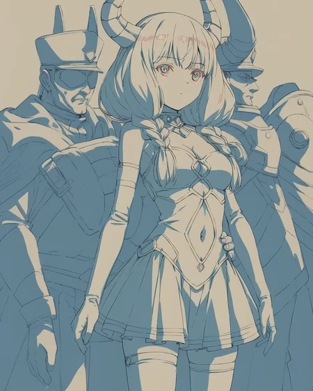 score_9, score_8_up, score_7_up, score_6_up, score_5_up, score_4_up, source_anime, screenshots, <lora:AnimeOriginalArtStyleShadow_PONYXL_d4a1-000010:1> oamhfs, simple background,monochrome,blue theme, 
<lora:aura-pony:0.5:lbw=1,1,1,1,1,1,1,0,0,0,0,0> frieren-aura, horns, multiple braids,bare shoulders, gloves, thighhighs, elbow gloves, navel, navel cutout, skirt, cleavage