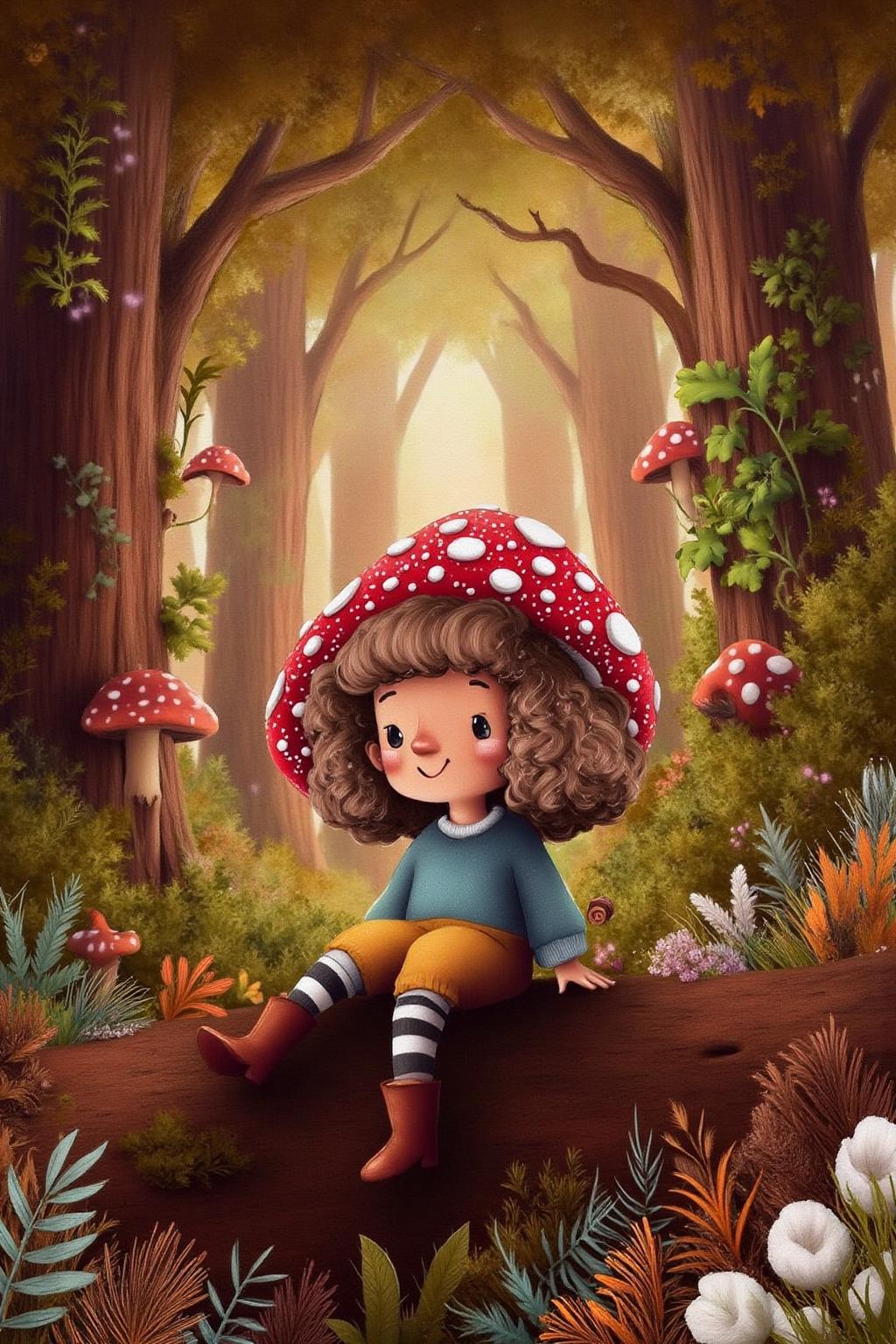 illustration.
A young girl sitting in a lush, mystical forest. She has curly brown hair and wears a bright red mushroom cap with white spots, resembling a mushroom. She is dressed in a blue long-sleeved shirt, yellow pants, and knee-high socks with black and white horizontal stripes. <lora:alicesa1_cap_d6a3:1.0><lora:830682881903971738:0>